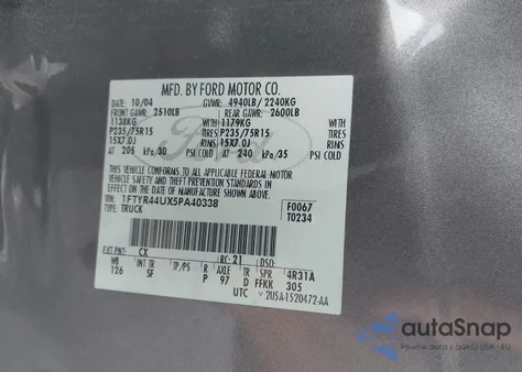 2005 Ford Ranger Edge/Stx/Xlt из США, поврежденный, VIN 1FTYR44UX5PA40338